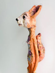 Claudia Kraml -with the wild squirrel- 2024 ceramics, glaze, underglaze colors, wire, Decals h 72 cm