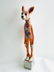 Claudia Kraml -with the wild squirrel- 2024  ceramics, glaze, underglaze colors, wire, Decals h 72 cm