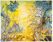 Andrea Damp, „Sardanapal“, 2015 – expressive Malerei mit kräftigem Gelb, überlagert von dunklen, gestischen und organischen Formen.