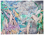 Andrea Damp, Halbschlaf, 2017 – traumartig verdichtete Malerei in hellen Grün-, Rosa- und Blautönen mit organischen und figürlichen Fragmenten.