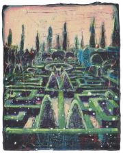 Andrea Damp, „Für wen ich singe“, 2022/26 – perspektivische Garten- oder Parkanlage mit symmetrischen Wegen und dunkler Stadtsilhouette.