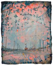 Andrea Damp, Das leise Innen, 2026 – stille Landschaft mit schmalen Baumstämmen und lichtem rosa-türkisem Horizont.