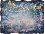 Andrea Damp, Fragen, die ich mir stelle, 2026 – vielschichtige abstrakt-landschaftliche Komposition mit Blau, Rosa, Gelb und feinen linearen Strukturen.