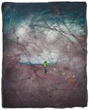 Andrea Damp, I Still Carry the Sea in my Ears, 2026 – dunkle, nebelartige Malerei in Violett, Grau und Türkis mit einer kleinen grünen Form im Zentrum.