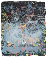 Andrea Damp, „Invisible Signs“, 2026 – dichtes Geflecht aus feinen Linien und Farbschichten in Blau, Grau, Orange und Gelb.