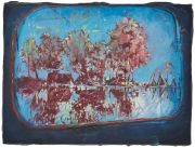 Andrea Damp, „The Road Not Taken“, 2026 – dunkler blau-türkiser Bildraum mit rötlicher, baum- oder wolkenartiger Form im Zentrum.