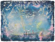 Andrea Damp, Unter wandernden Wolken, 2026 – poetische Landschaft in Blau und Türkis mit hellem Zentrum und kleinen Figuren am unteren Bildrand.