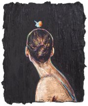 Andrea Damp, You have everything you need to make it happen, 2026 – Rückenansicht einer Figur mit hochgestecktem Haar vor schwarzem Hintergrund