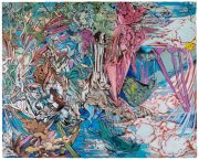 Andrea Damp, Das große Welttheater, 2015 – vielschichtige, farbintensive Malerei mit figürlichen und vegetabilen Formen in Rosa, Blau und Türkis.