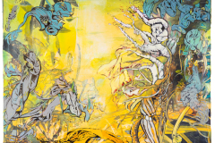 Andrea Damp, „Sardanapal“, 2015 – expressive Malerei mit kräftigem Gelb, überlagert von dunklen, gestischen und organischen Formen.