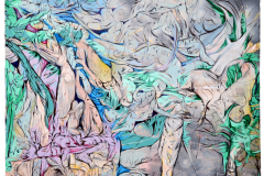 Andrea Damp, Halbschlaf, 2017 – traumartig verdichtete Malerei in hellen Grün-, Rosa- und Blautönen mit organischen und figürlichen Fragmenten.