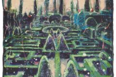 Andrea Damp, „Für wen ich singe“, 2022/26 – perspektivische Garten- oder Parkanlage mit symmetrischen Wegen und dunkler Stadtsilhouette.