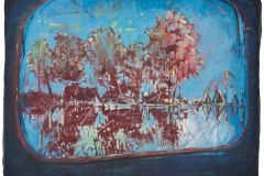 Andrea Damp, „The Road Not Taken“, 2026 – dunkler blau-türkiser Bildraum mit rötlicher, baum- oder wolkenartiger Form im Zentrum.