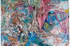 Andrea Damp, Das große Welttheater, 2015 – vielschichtige, farbintensive Malerei mit figürlichen und vegetabilen Formen in Rosa, Blau und Türkis.