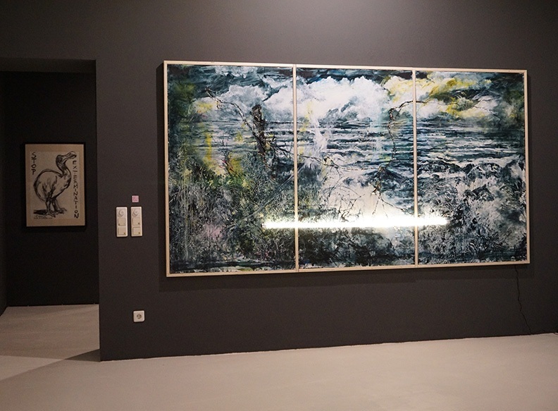 "Tell the Flies What Happened"  Öl auf Karton LED Röhre  160 x 300 cm 2020