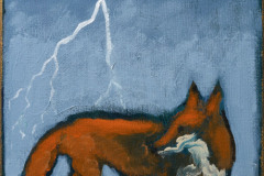James F. Johnston, “Reynard”, Acryl und Goldpaste auf Leinwand, 40 × 30 cm, 2025.