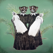 Hybrid#11 (Slow Lorises), 90×90 cm, Bleistift, Kohle und Öl auf Leinwand, 2024