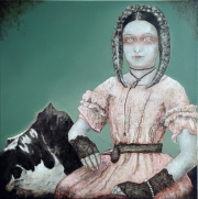 Hybrid#15 (Dahu), 50×50 cm, Bleistift, Kohle und Öl auf Leinwand, 2024