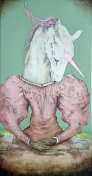 Hybrid#18 (Unicorn), 170×90 cm, Bleistift, Kohle, Acryl und Öl auf Leinwand, 2025