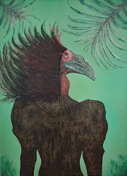 Hybrid#8, (Balck Rhinoceros Bird) 110×80 cm, Bleistift, Kohle und Öl auf Leinwand, 2024