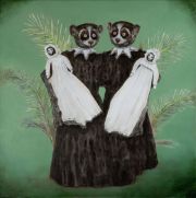 Hybrid#11 (Slow Lorises), 90×90 cm, Bleistift, Kohle und Öl auf Leinwand, 2024