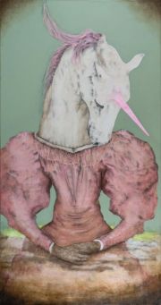 Hybrid#18 (Unicorn), 170×90 cm, Bleistift, Kohle, Acryl und Öl auf Leinwand, 2025