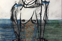 -Woman with Pointet Dress- Gouache, Pastel auf Papier, 25 x 14  cm