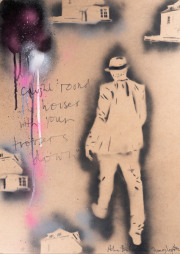 Peter Doherty, Caught Round the Houses with Your Trousers Down, Sprayfarbe und Marker auf MDF, 70 × 50 cm, 2023/2024.