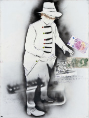 "And He Likes to Sing Along“ („Felt Better Alive“ series) spray paint, acrylic, burn marks, applications on canvas 80 x 60 cm  2023 / 2024