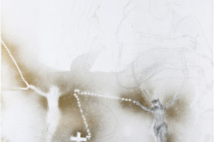 Peter Doherty, Prayer, Sprayfarbe, Bleistift und Applikationen auf Leinwand, 76 × 61 cm, 2017/2018.