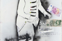 Peter Doherty, And He Likes to Sing Along aus der Serie Felt Better Alive, Sprayfarbe, Acryl, Brandspuren und Applikationen auf Leinwand, 80 × 60 cm, 2023/2024.
