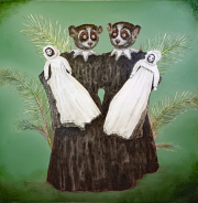 Marie Louise Elshout – Hybrid 11 Slow Lorises (2024) Kohle und Öl auf Leinwand, 90 × 90 cm