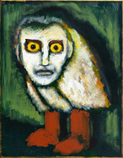 James F. Johnston – On Becoming an Owl (2025) Acryl und Gold auf Leinwand, 46 × 36 cm
