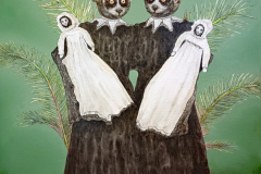 Marie Louise Elshout – Hybrid 11 Slow Lorises (2024) Kohle und Öl auf Leinwand, 90 × 90 cm