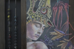 Lori Field Dragonlady Pigmentstift auf vintage Abakus Schiefer / pigments on vintage abacus 22 x 25 cm 2017