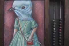 Lori Field Bluebird of Happiness Pigmentstift auf vintage Abakus Schiefer / pigments on vintage abacus 22 x 25 cm 2017