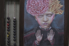 Lori Field Talk To The Hand Pigmentstift auf vintage Abakus Schiefer / pigments on vintage abacus 22 x 25 cm 2017