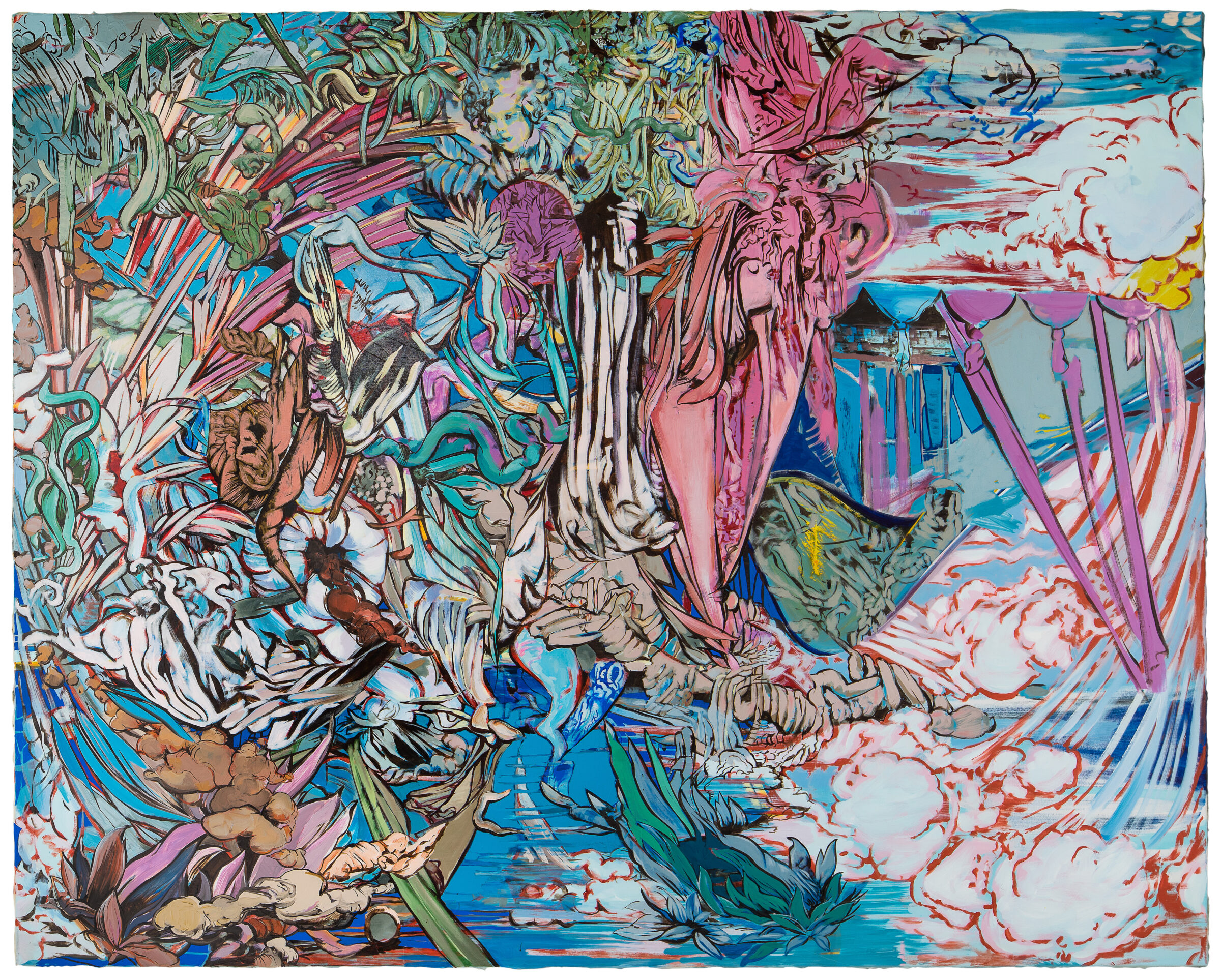 Andrea Damp, „Das große Welttheater“, 2015, Öl auf Leinwand, 160 × 200 cm: großformatige, farbintensive Komposition aus dicht verschlungenen Pflanzen, tierischen und skelettartigen Formen, Wolken und architektonischen Fragmenten in Türkis, Rosa, Grün und Rot.