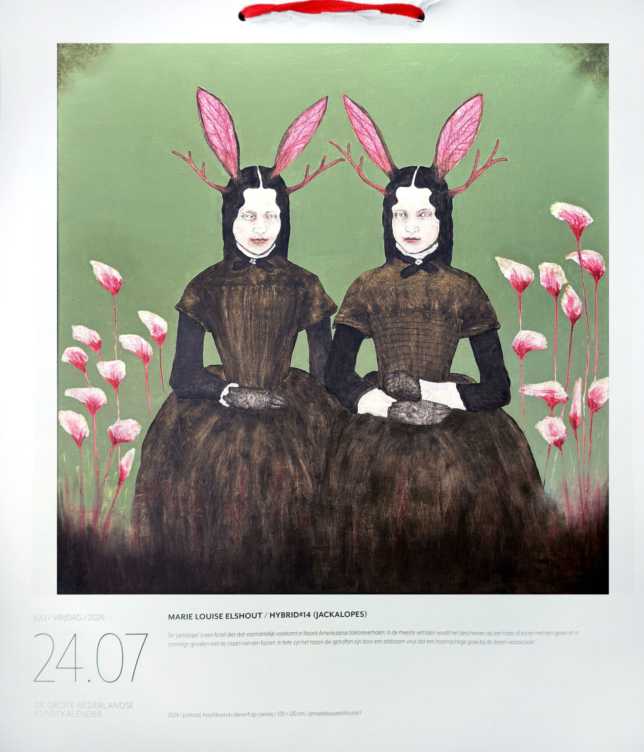 Kalenderblatt des Grote Nederlandse Kunstkalender 2026 vom 24. Juli mit Marie Louise Elshouts Gemälde „Hybrid #14 (Jackalopes)