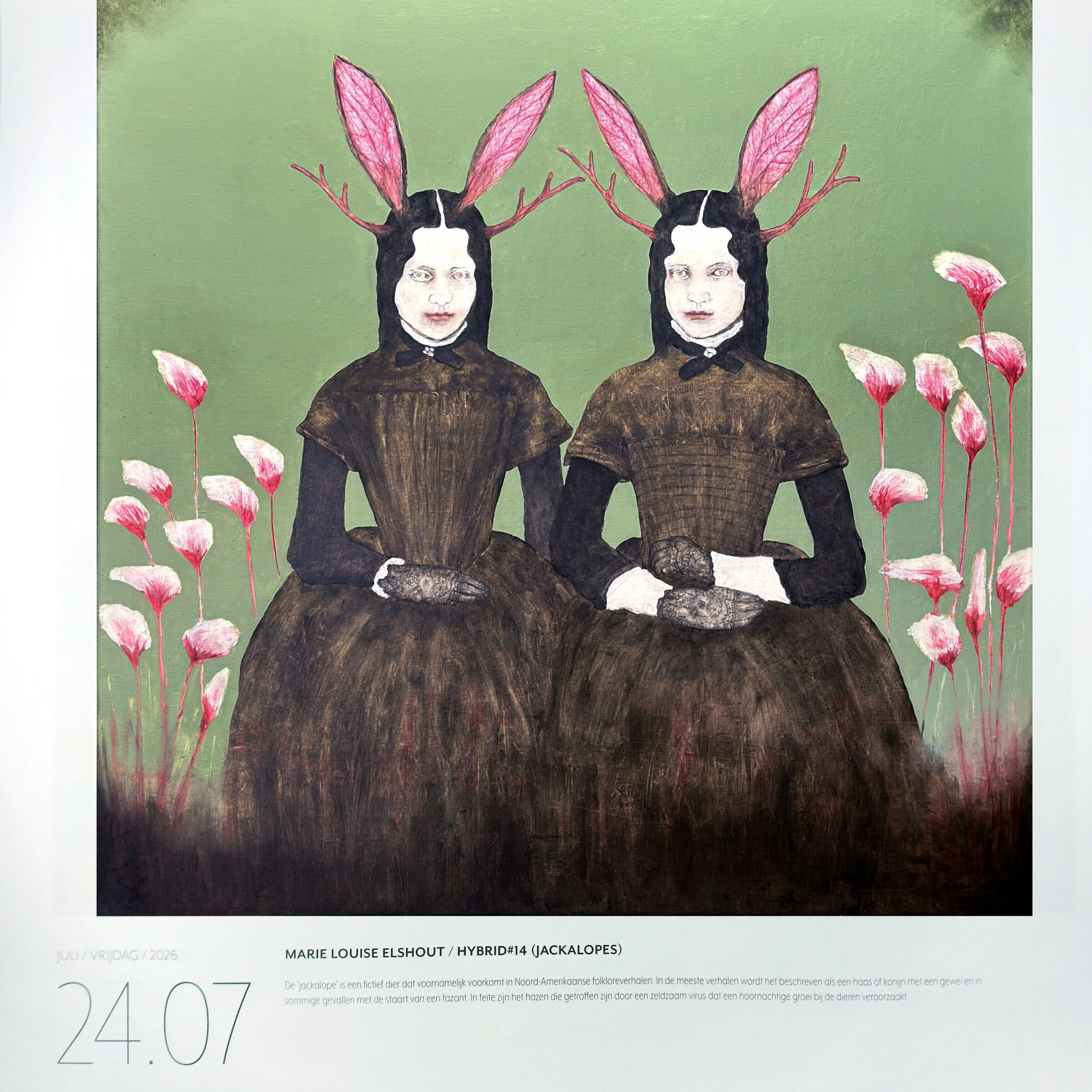 Kalenderblatt des Grote Nederlandse Kunstkalender 2026 vom 24. Juli mit Marie Louise Elshouts Gemälde „Hybrid #14 (Jackalopes)