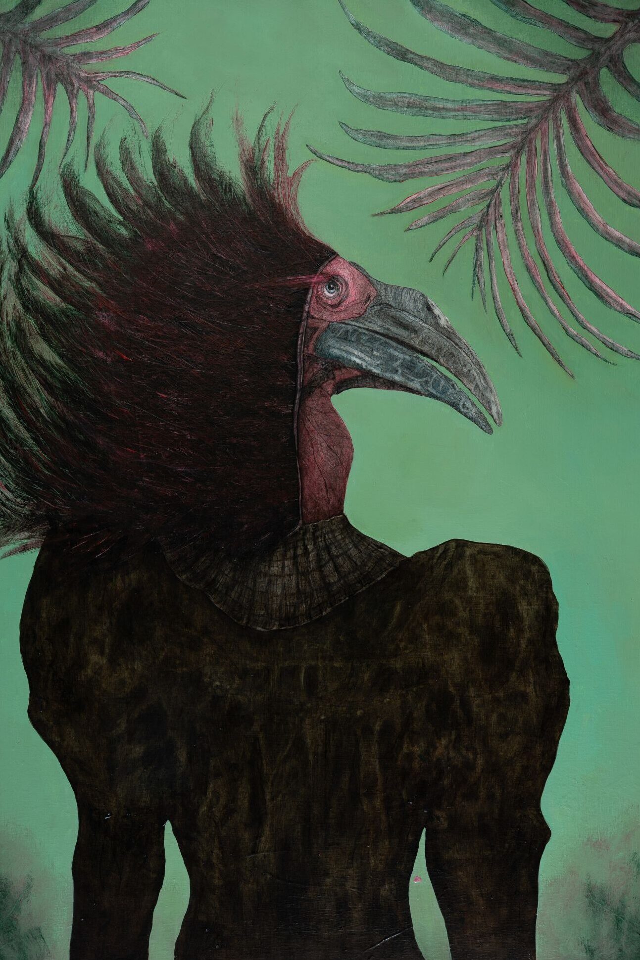 Gemälde Hybrid No. 8 (Black Rhinoceros Bird) von Marie Louise Elshout, schwarzes hybrides Wesen mit Vogelartigem Kopf und menschlichem Körper vor grünem Hintergrund