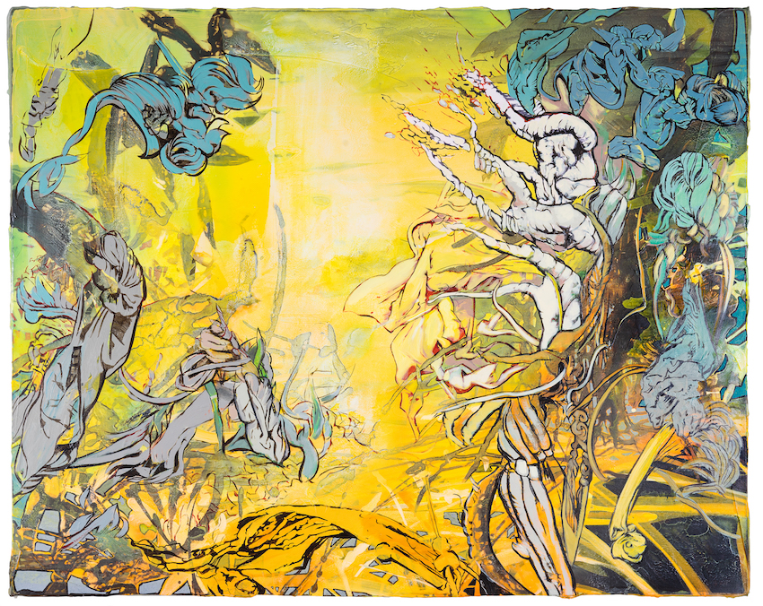 Andrea Damp, Sardanapal, 2015 – expressive Malerei mit intensiv leuchtendem Gelb, dunklen Linien und bewegten figürlichen sowie vegetabilen Formen.